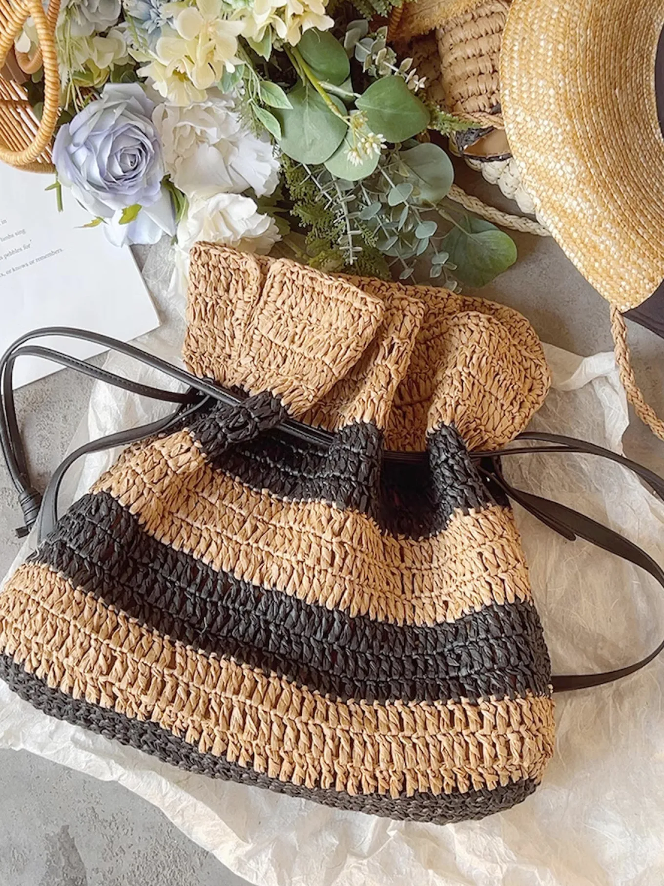 Elena Handbags Fashion Stripe Straw Drawstring Bag