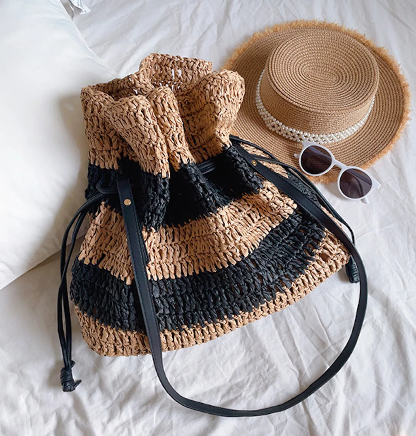 Elena Handbags Fashion Stripe Straw Drawstring Bag