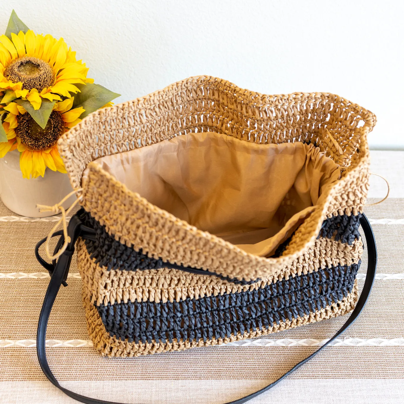 Elena Handbags Fashion Stripe Straw Drawstring Bag