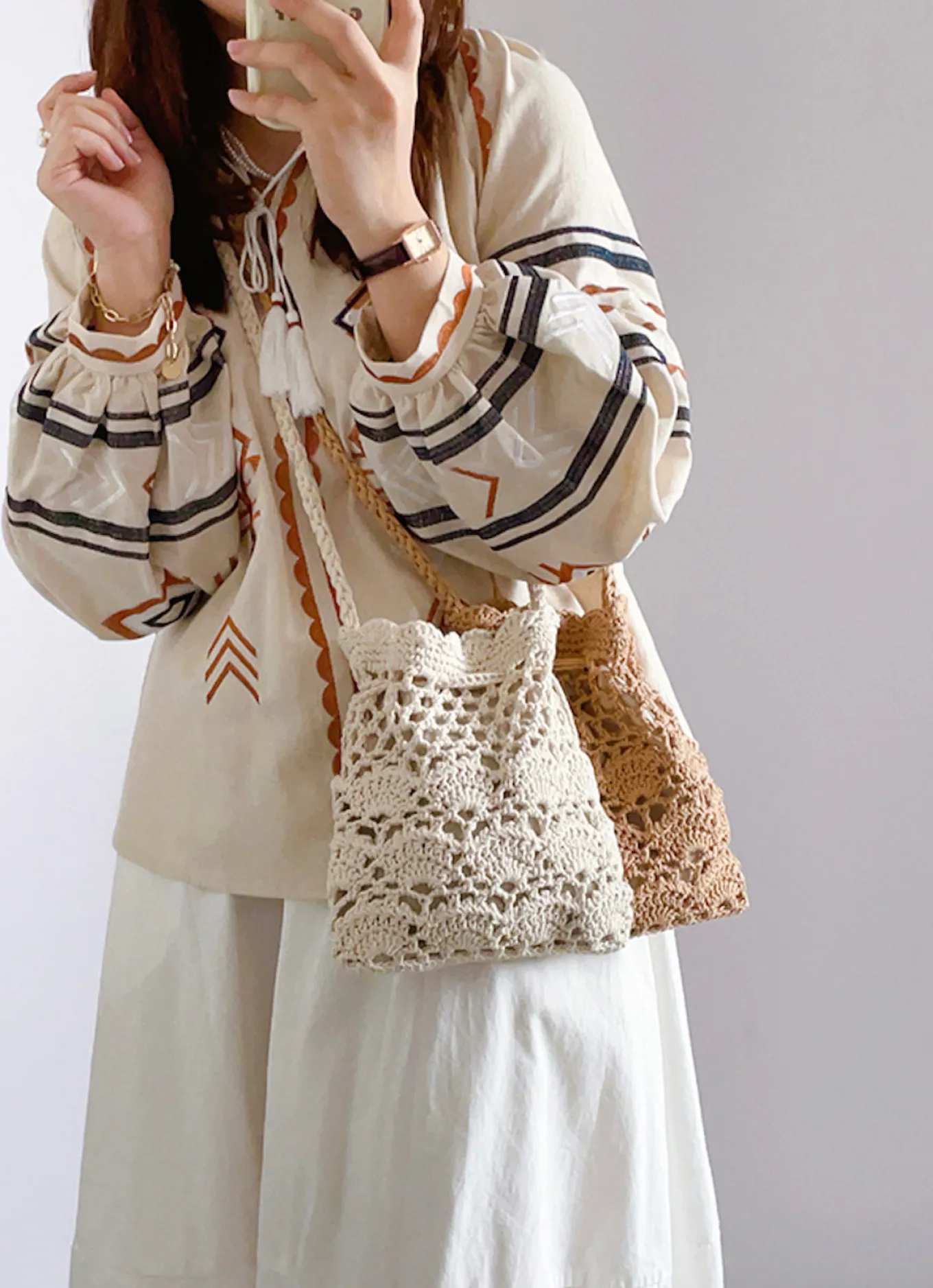 Elena Handbags Floral Cotton Knitted Shoulder Drawstring Bag with Tassel