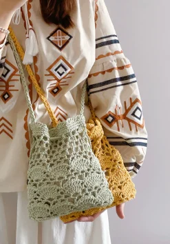 Elena Handbags Floral Cotton Knitted Shoulder Drawstring Bag with Tassel