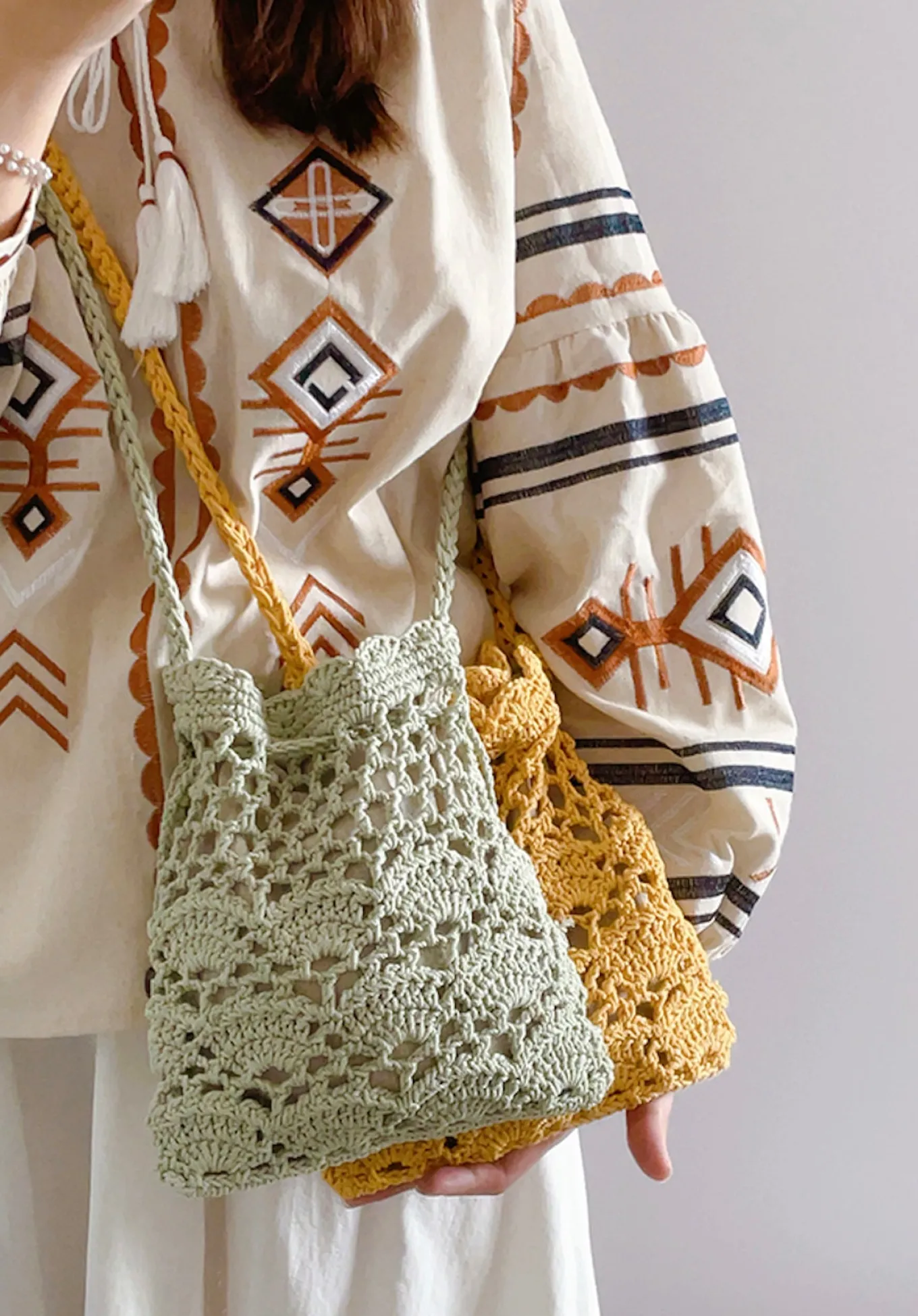 Elena Handbags Floral Cotton Knitted Shoulder Drawstring Bag with Tassel