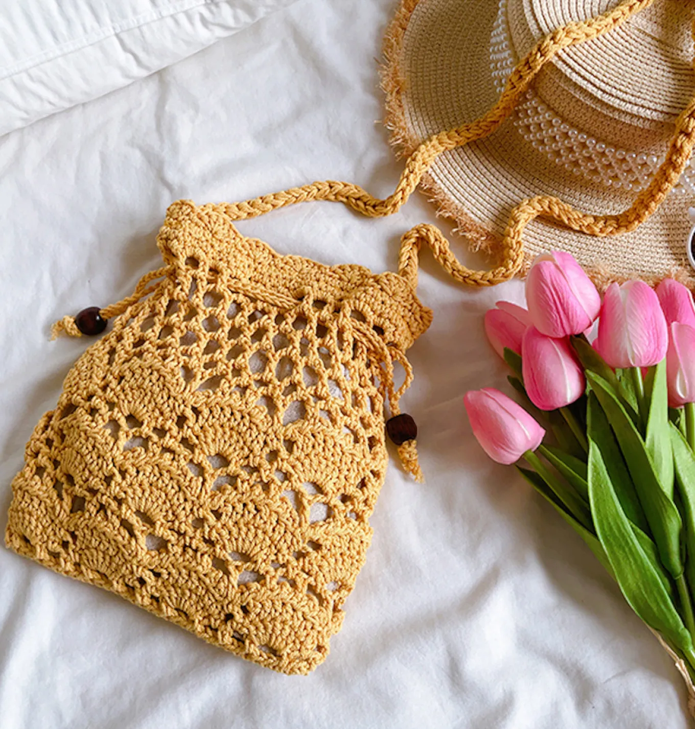 Elena Handbags Floral Cotton Knitted Shoulder Drawstring Bag with Tassel