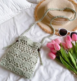 Elena Handbags Floral Cotton Knitted Shoulder Drawstring Bag with Tassel