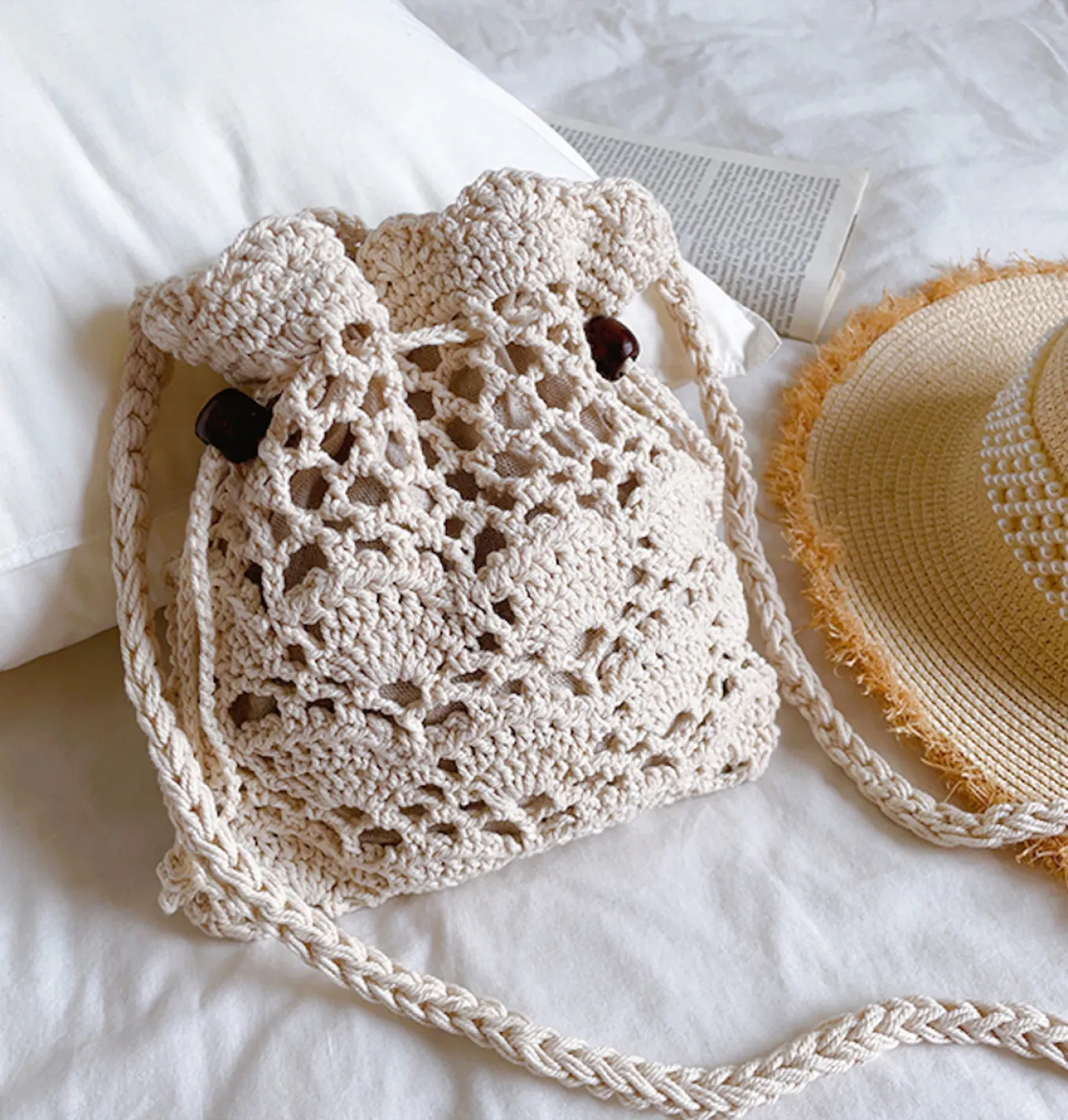 Elena Handbags Floral Cotton Knitted Shoulder Drawstring Bag with Tassel