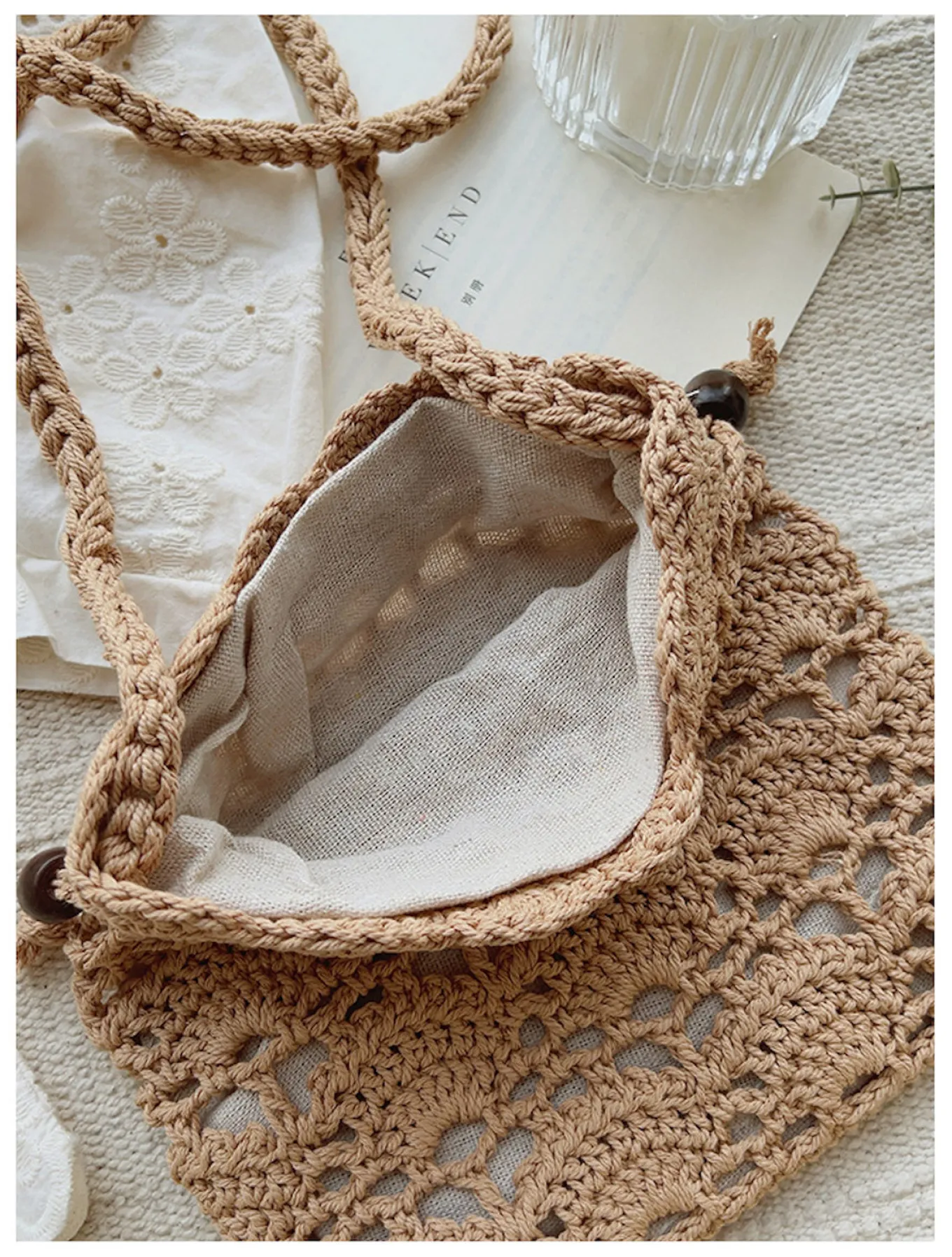 Elena Handbags Floral Cotton Knitted Shoulder Drawstring Bag with Tassel