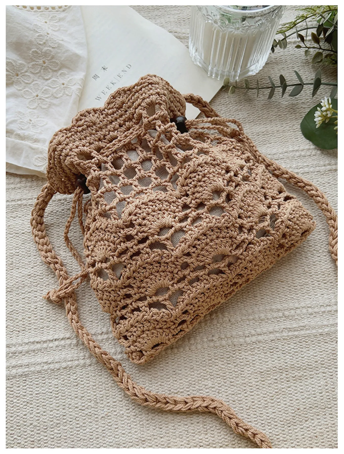Elena Handbags Floral Cotton Knitted Shoulder Drawstring Bag with Tassel