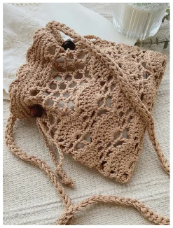 Elena Handbags Floral Cotton Knitted Shoulder Drawstring Bag with Tassel