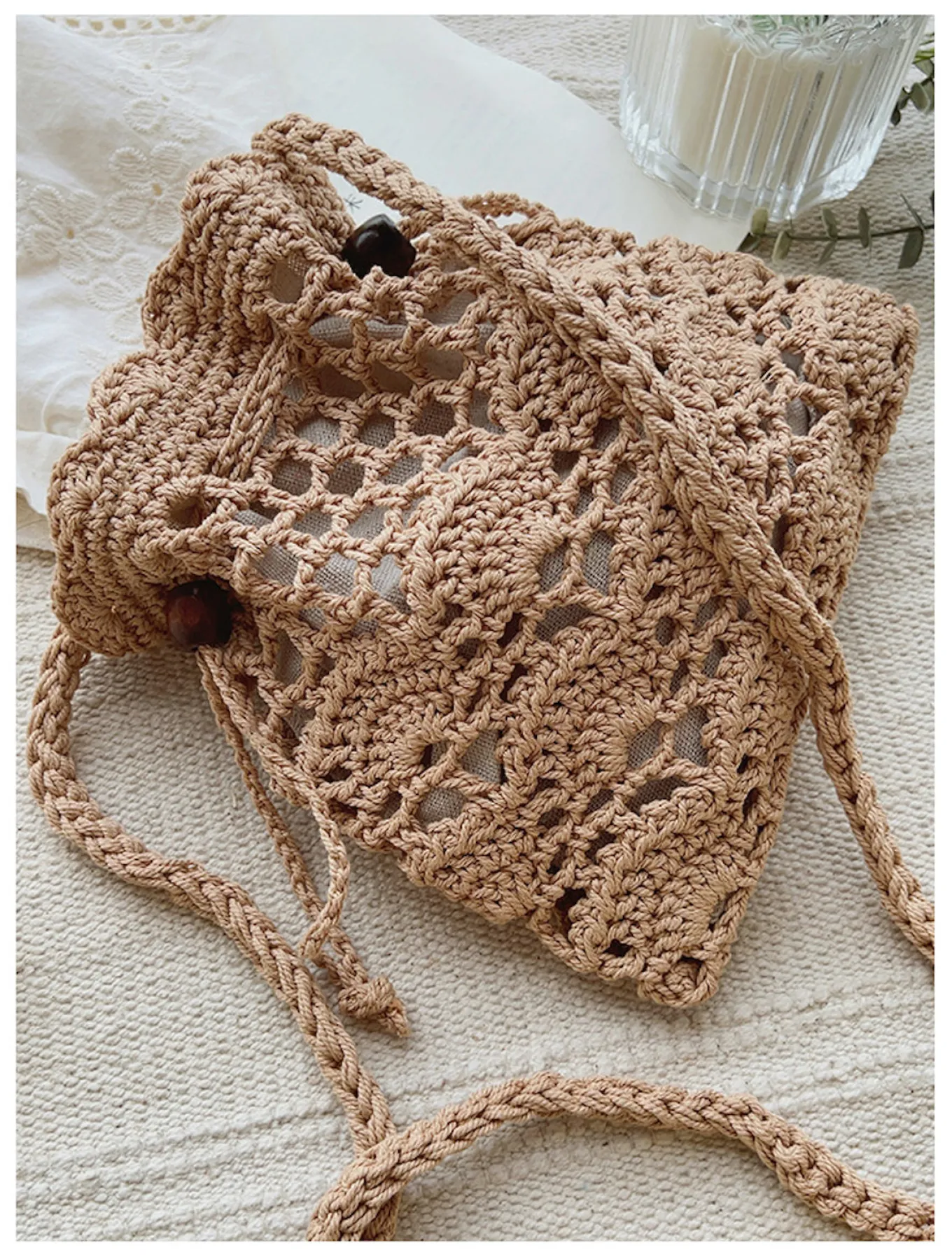 Elena Handbags Floral Cotton Knitted Shoulder Drawstring Bag with Tassel