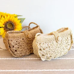 Elena Handbags Floral Crescent Straw Crossbody Bag with Long Strap