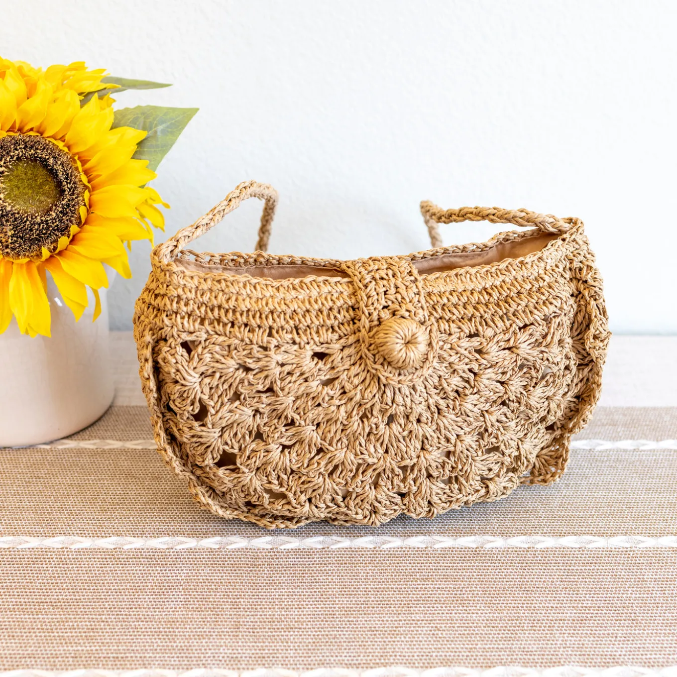 Elena Handbags Floral Crescent Straw Crossbody Bag with Long Strap