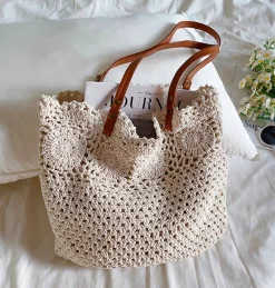 Elena Handbags Floral Design Cotton Knitted Shoulder Bag