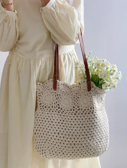 Elena Handbags Floral Design Cotton Knitted Shoulder Bag