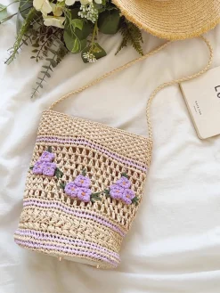 Elena Handbags Floral Raffia Shoulder Bucket Bag Lavender Straw Bag