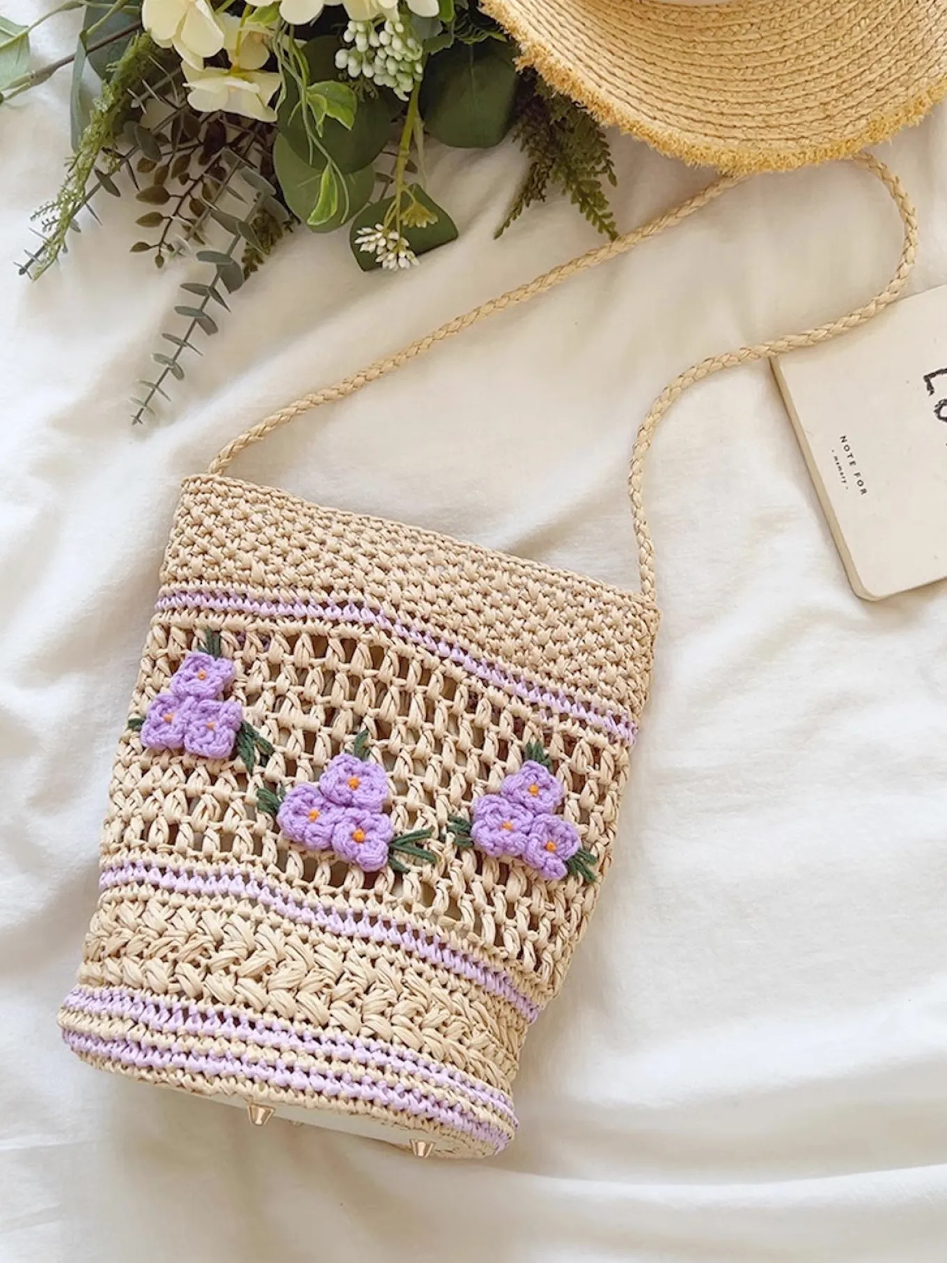 Elena Handbags Floral Raffia Shoulder Bucket Bag Lavender Straw Bag