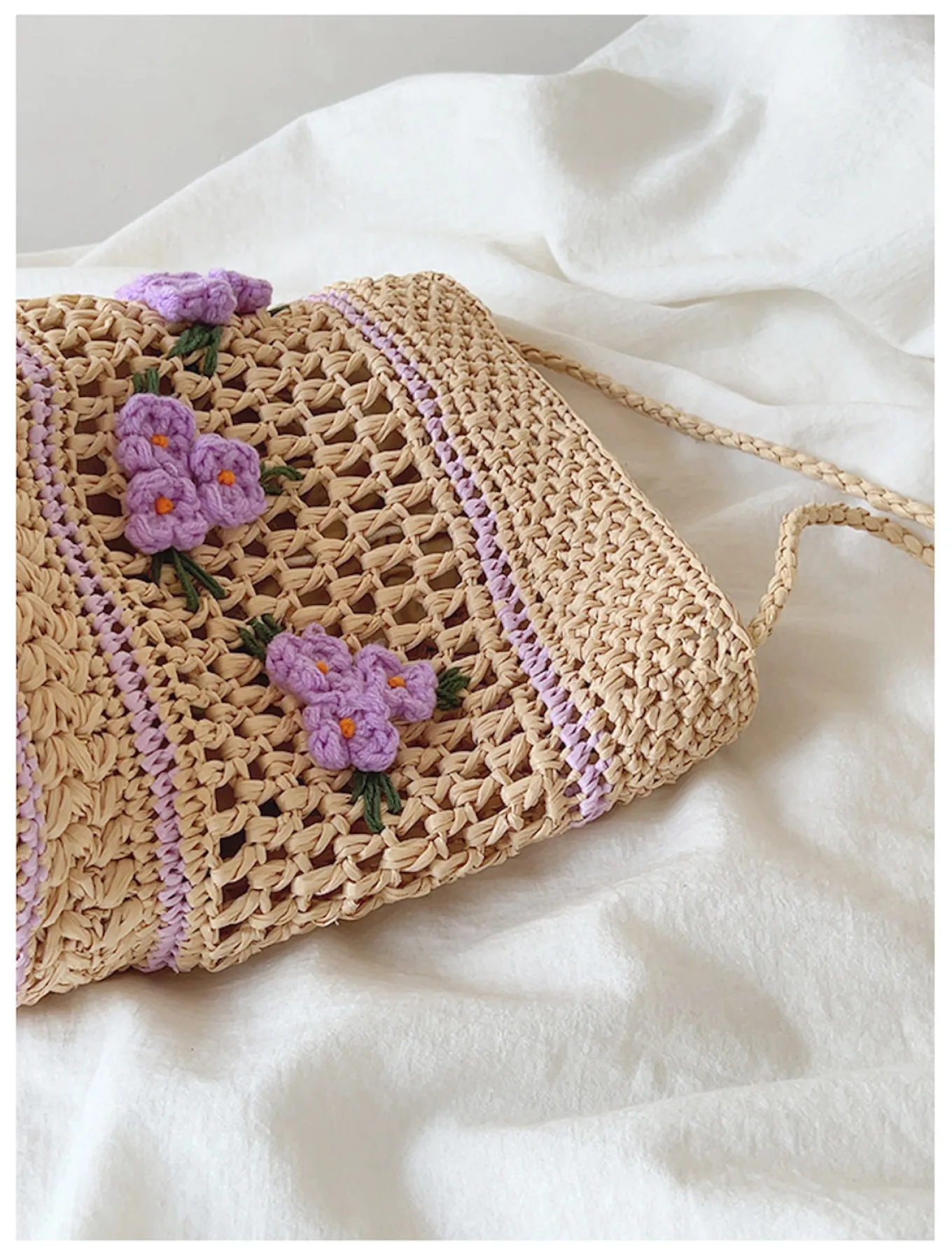 Elena Handbags Floral Raffia Shoulder Bucket Bag Lavender Straw Bag