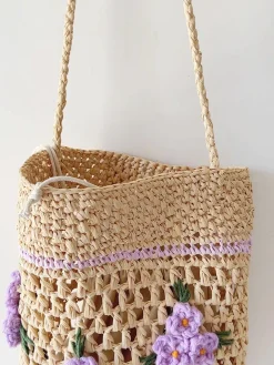 Elena Handbags Floral Raffia Shoulder Bucket Bag Lavender Straw Bag