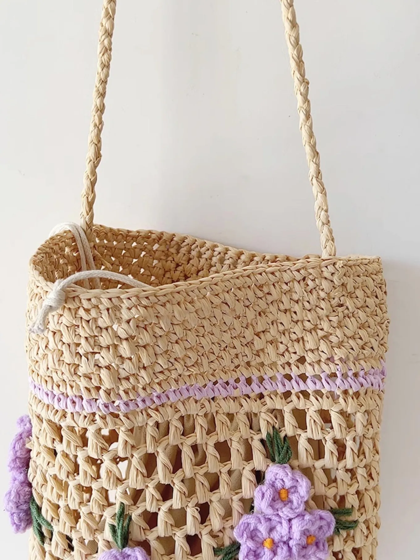 Elena Handbags Floral Raffia Shoulder Bucket Bag Lavender Straw Bag