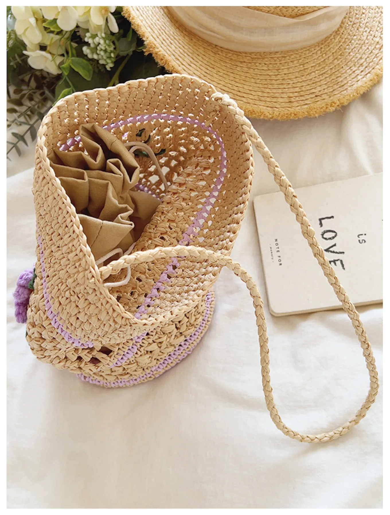 Elena Handbags Floral Raffia Shoulder Bucket Bag Lavender Straw Bag