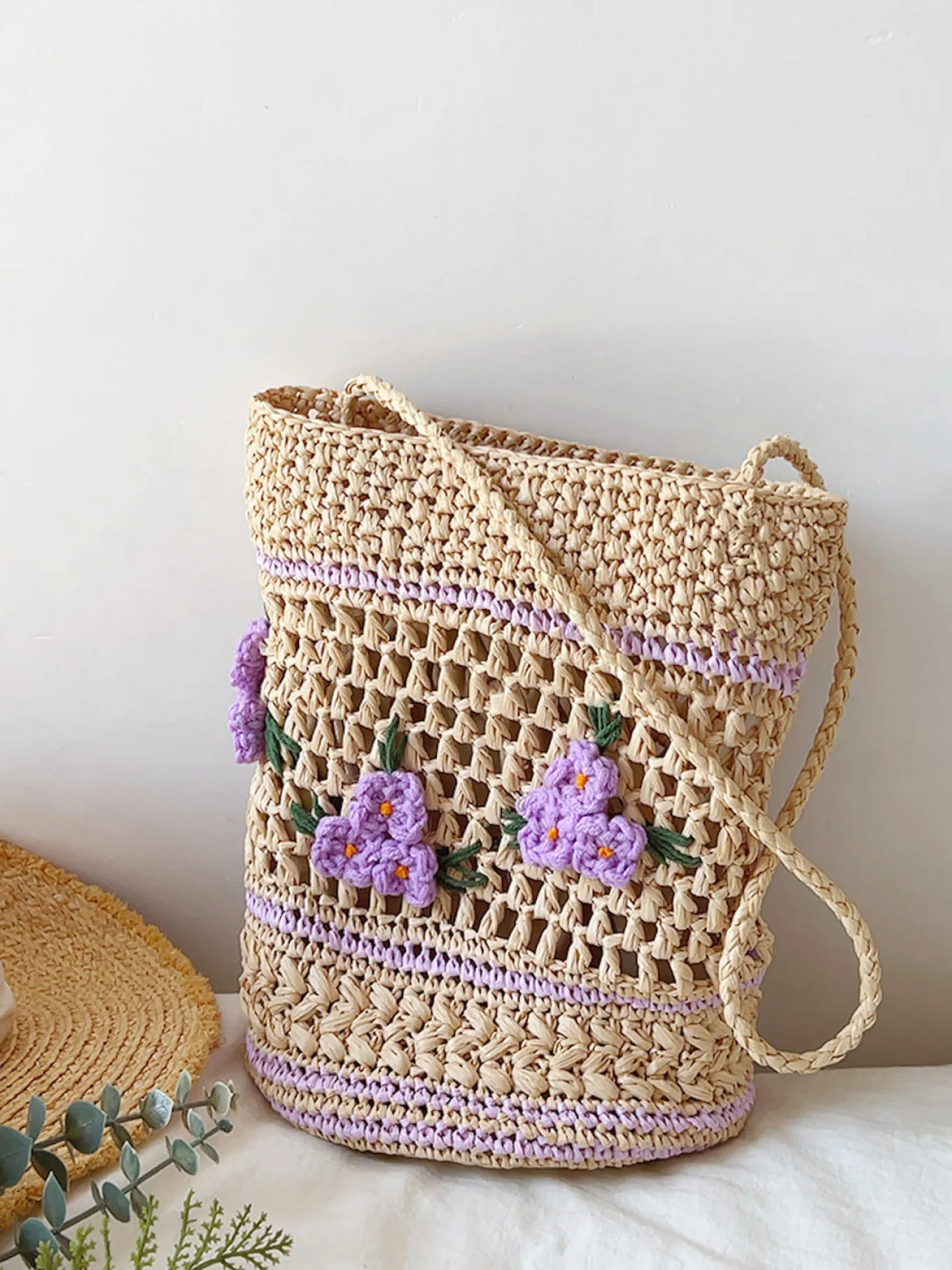 Elena Handbags Floral Raffia Shoulder Bucket Bag Lavender Straw Bag