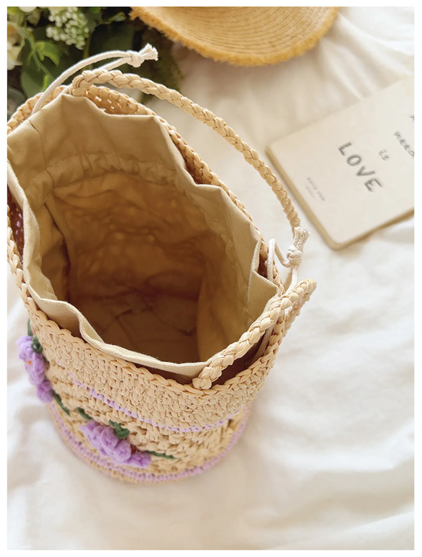 Elena Handbags Floral Raffia Shoulder Bucket Bag Lavender Straw Bag