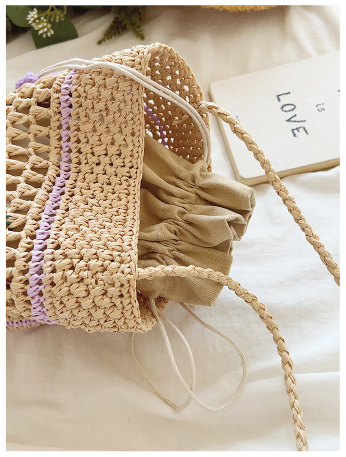 Elena Handbags Floral Raffia Shoulder Bucket Bag Lavender Straw Bag