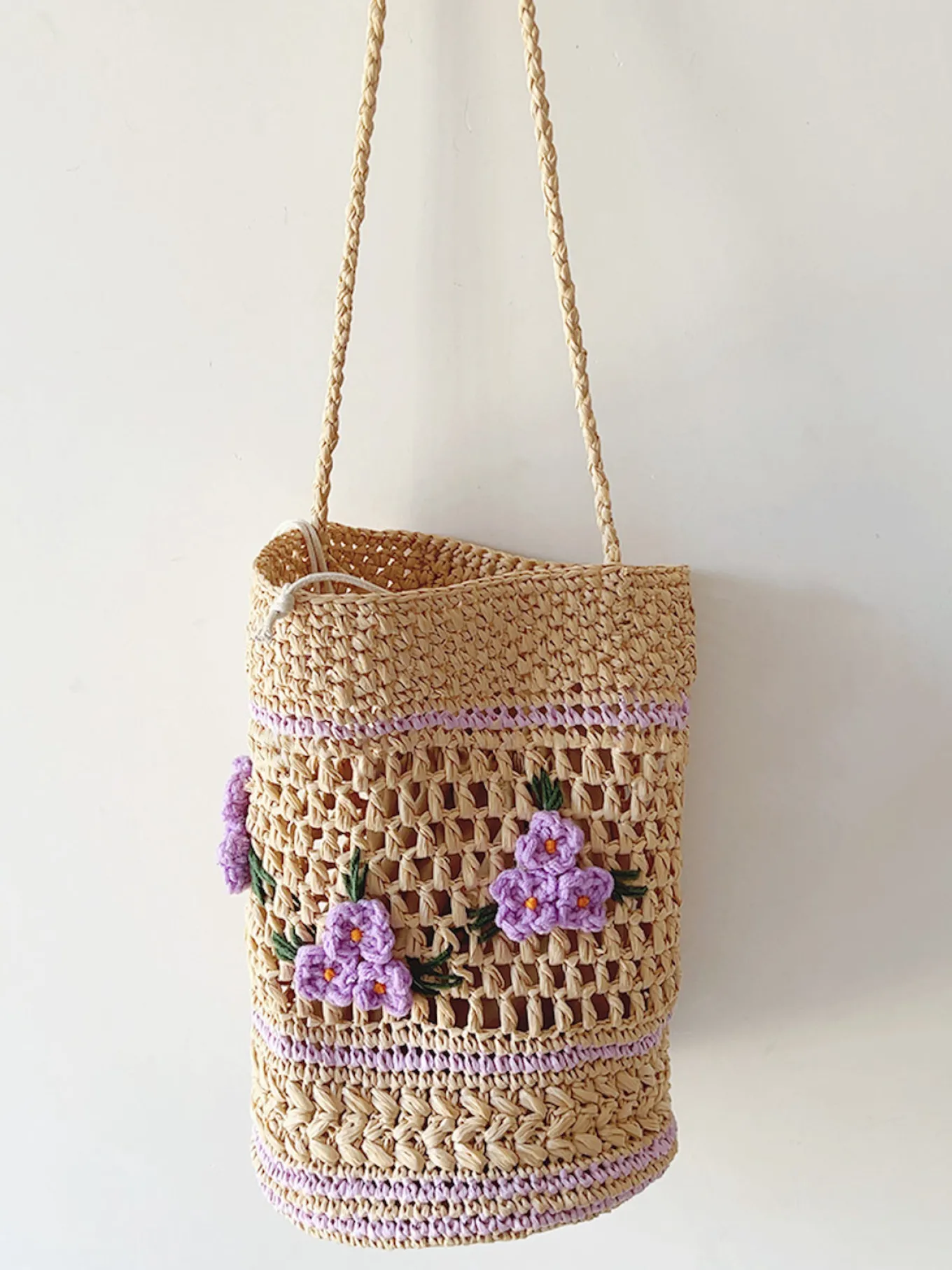 Elena Handbags Floral Raffia Shoulder Bucket Bag Lavender Straw Bag