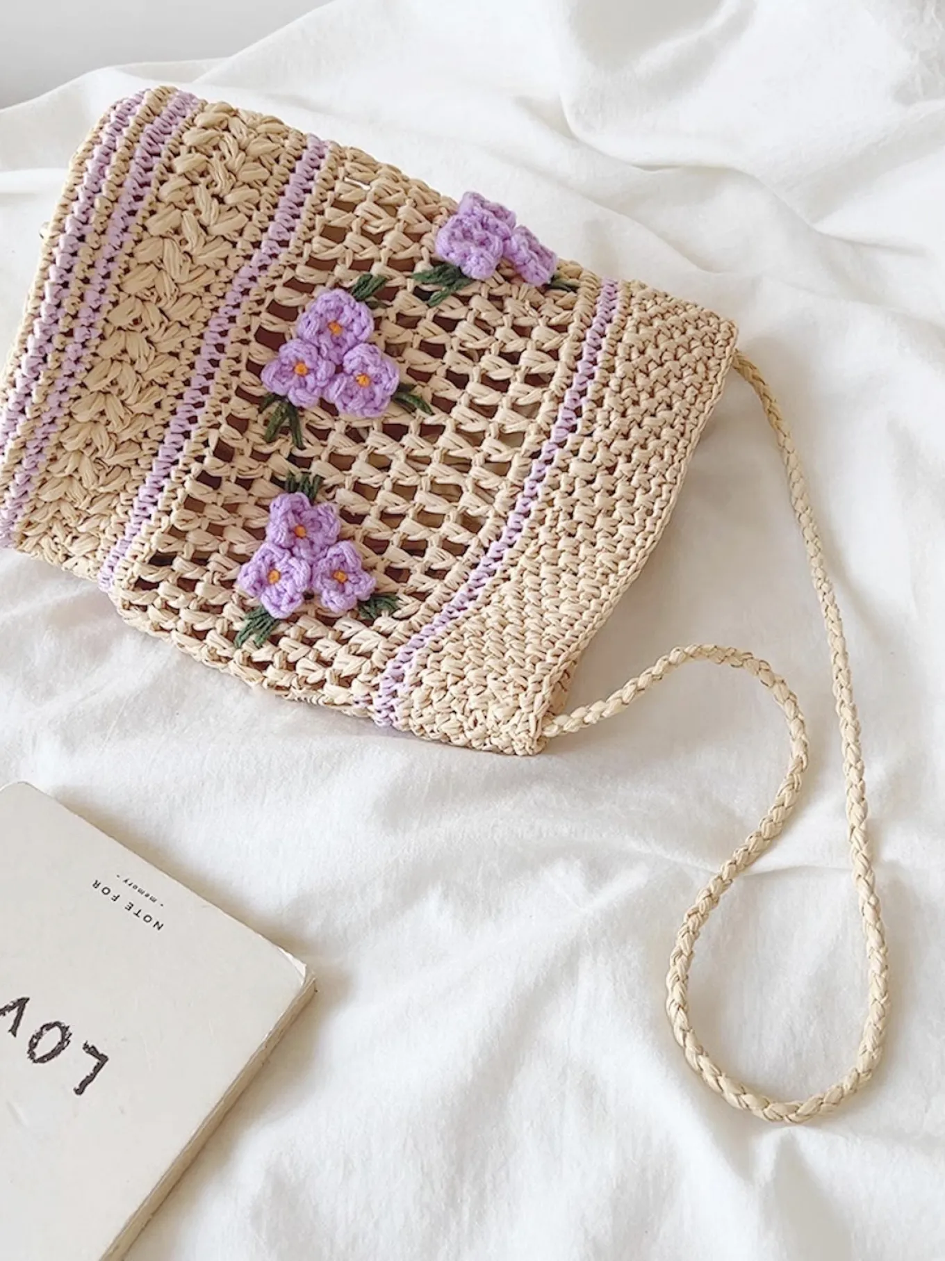 Elena Handbags Floral Raffia Shoulder Bucket Bag Lavender Straw Bag