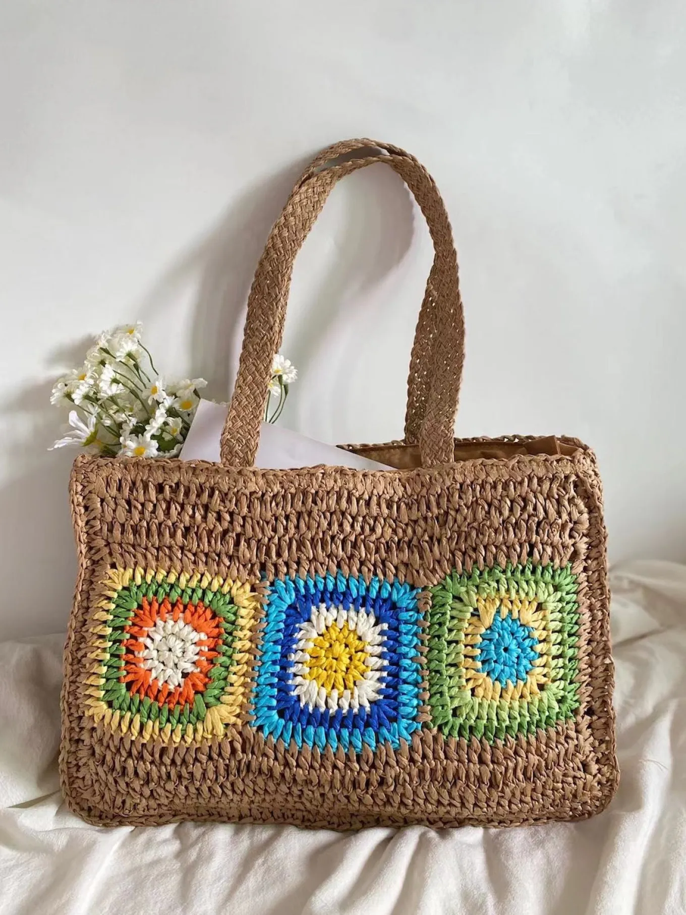 Elena Handbags Granny Patch Large Straw Summer Tote
