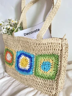 Elena Handbags Granny Patch Large Straw Summer Tote