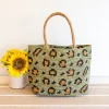 Elena Handbags Green Leopard Design Raffia Summer Tote Bag