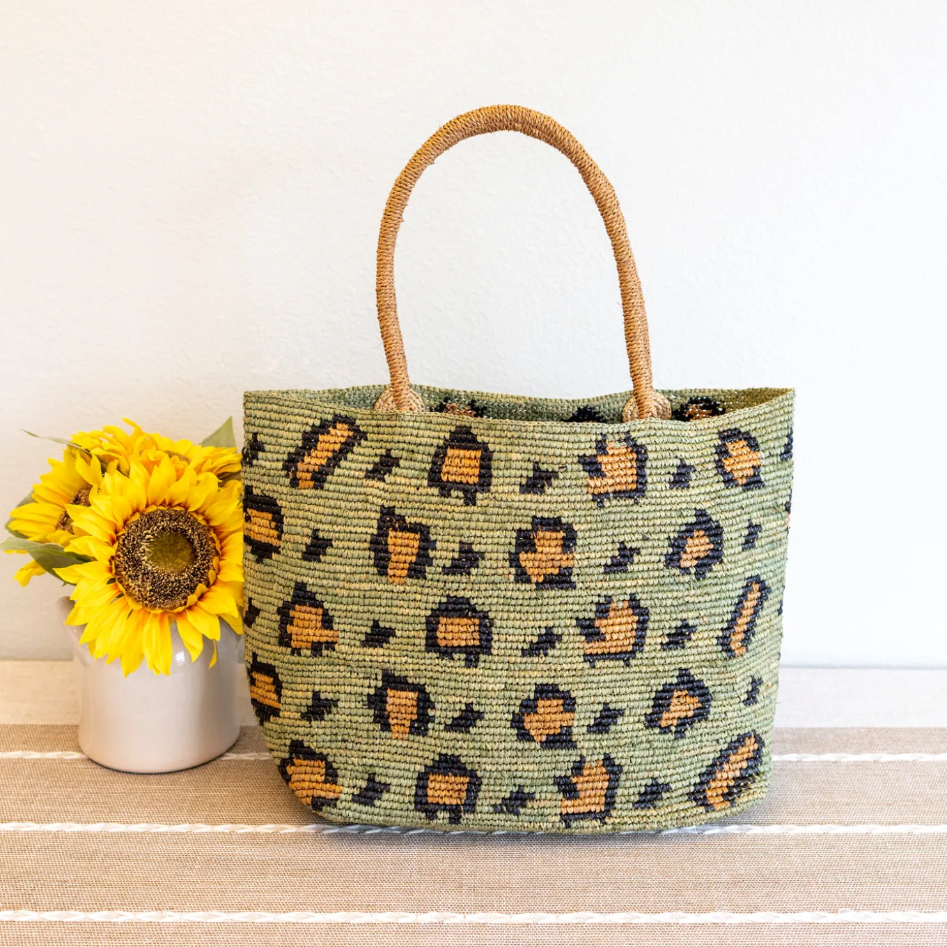 Elena Handbags Green Leopard Design Raffia Summer Tote Bag