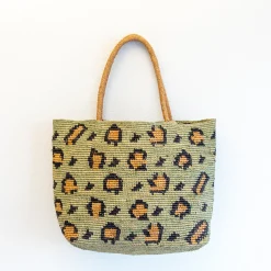 Elena Handbags Green Leopard Design Raffia Summer Tote Bag