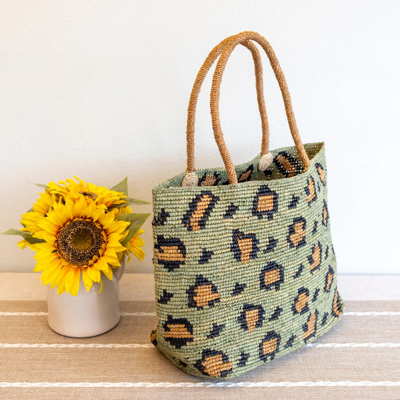 Elena Handbags Green Leopard Design Raffia Summer Tote Bag