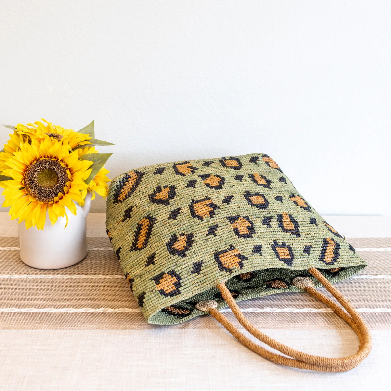 Elena Handbags Green Leopard Design Raffia Summer Tote Bag