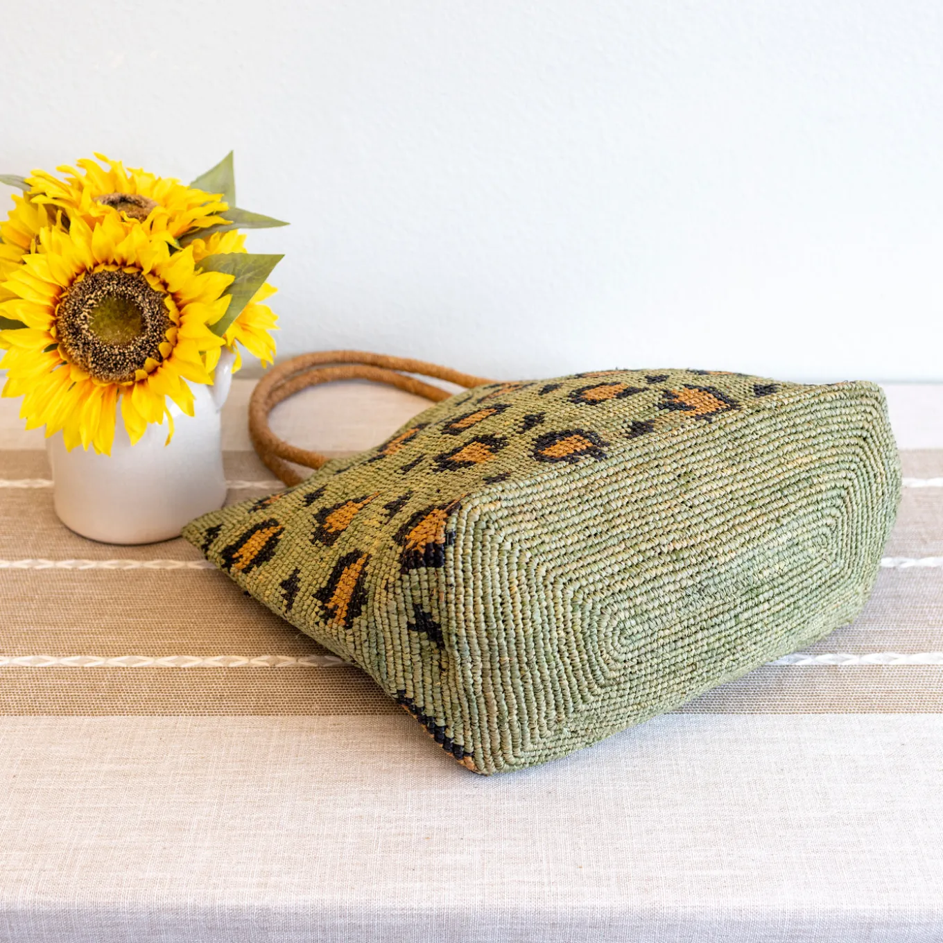 Elena Handbags Green Leopard Design Raffia Summer Tote Bag