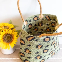 Elena Handbags Green Leopard Design Raffia Summer Tote Bag