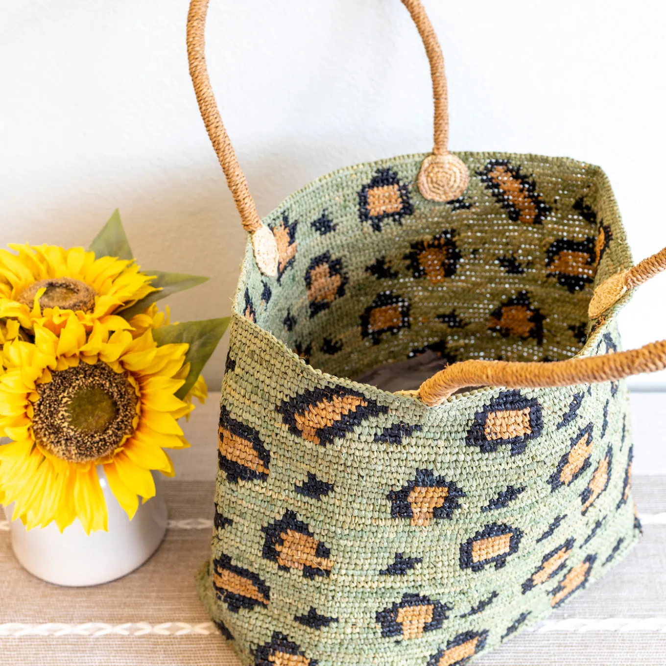Elena Handbags Green Leopard Design Raffia Summer Tote Bag