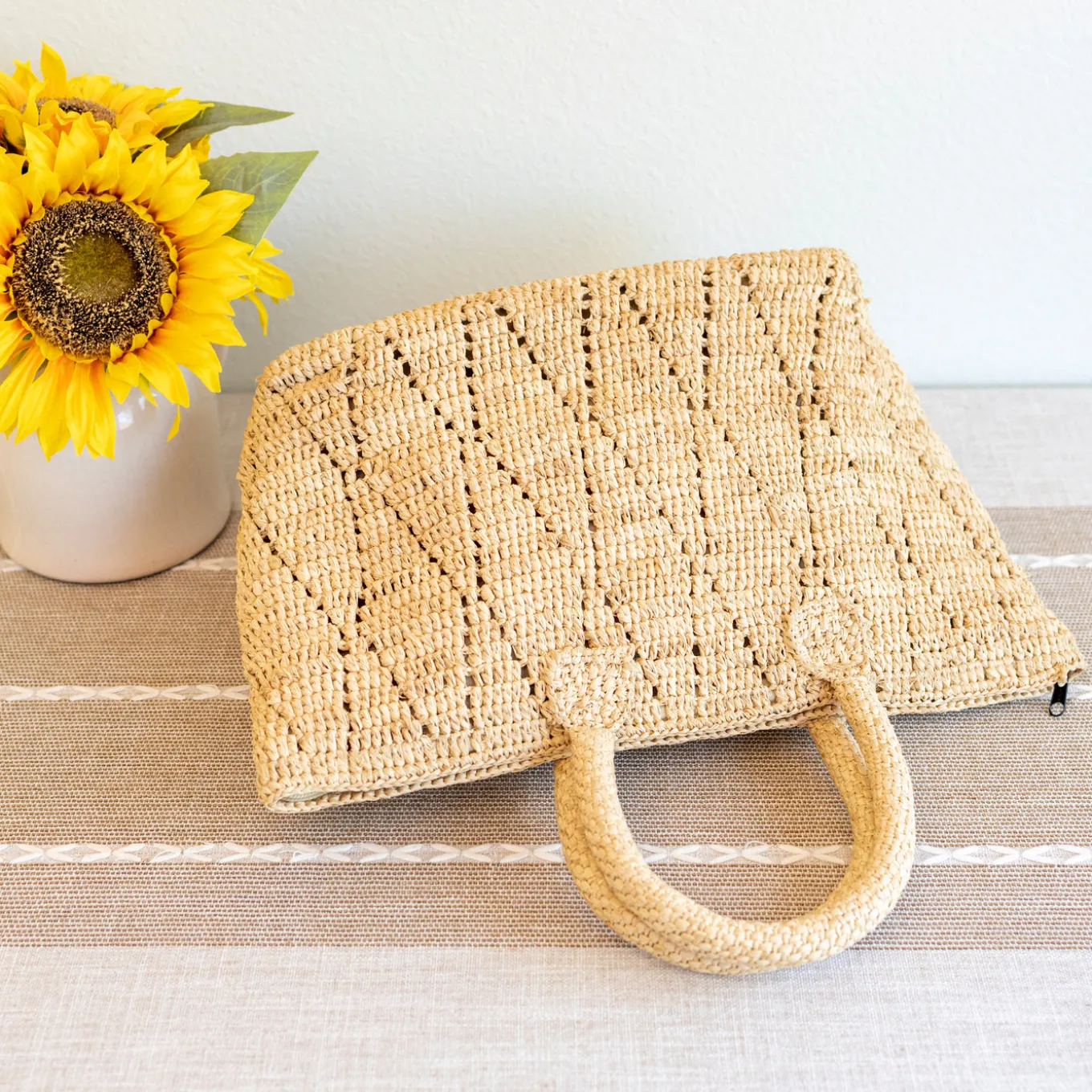 Elena Handbags Hand Woven Fashion Raffia Top Handle Beach Bag