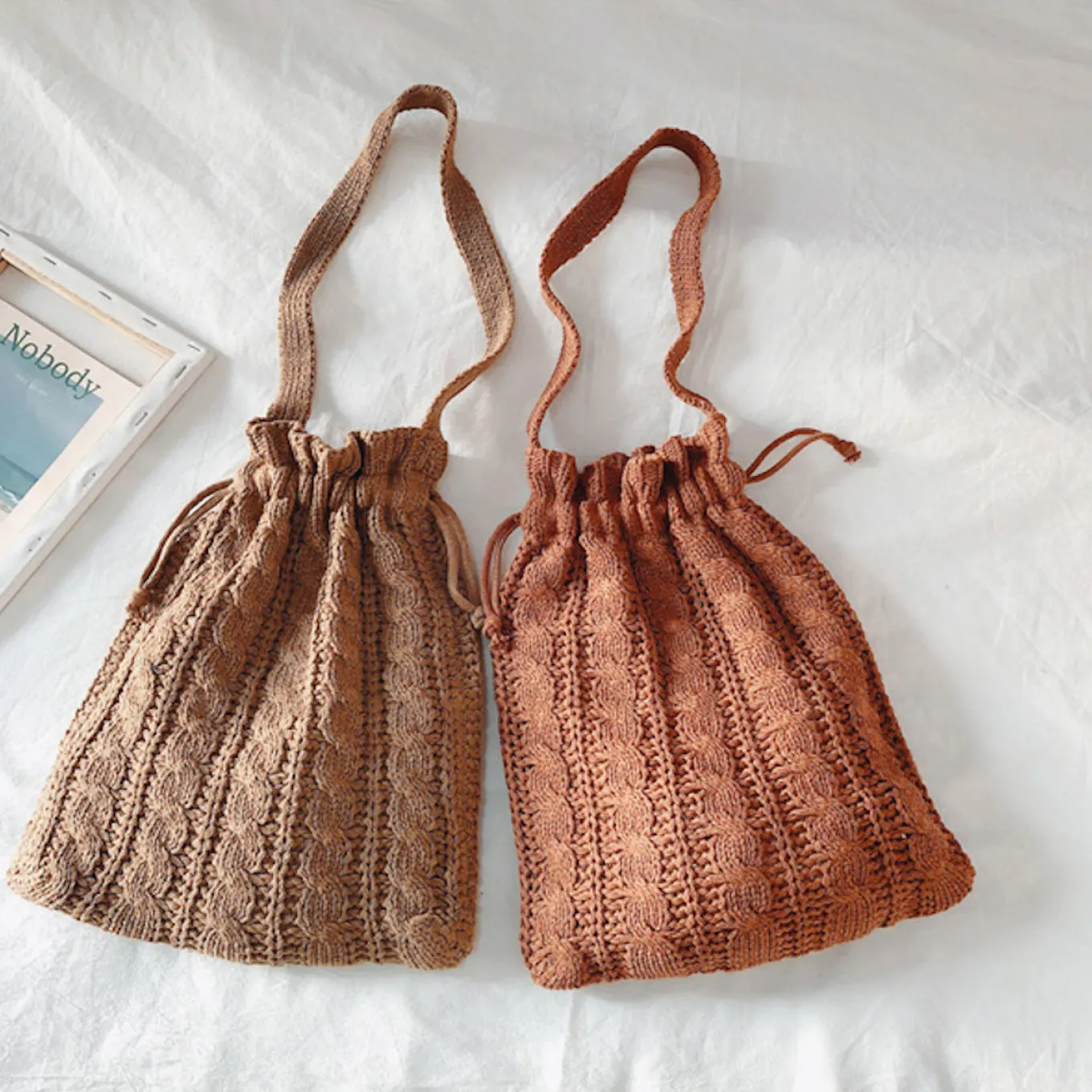 Elena Handbags Handmade Cotton Knitted Drawstring Bag