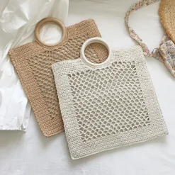Elena Handbags Handmade Crochet Large Cotton Knitted Top Handle Bag with Fishnet Design
