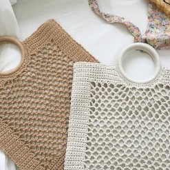 Elena Handbags Handmade Crochet Large Cotton Knitted Top Handle Bag with Fishnet Design
