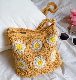 Elena Handbags Handmade Crochet Floral Square Shoulder Bag