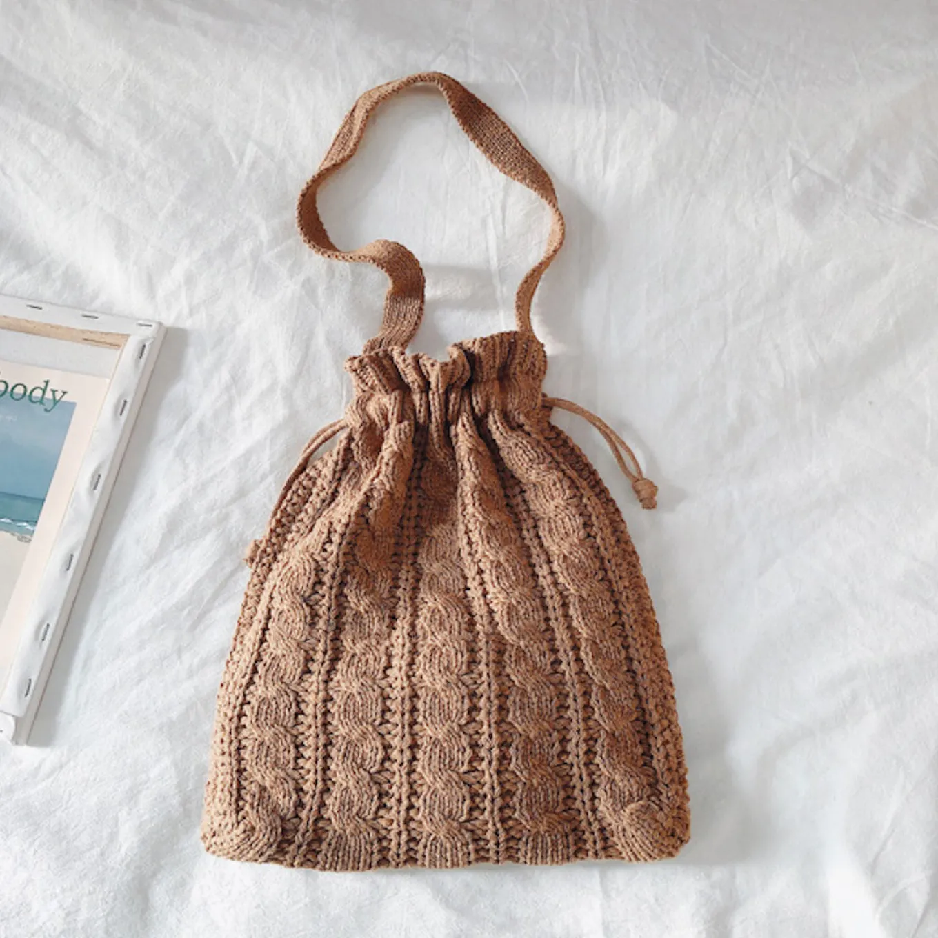 Elena Handbags Handmade Cotton Knitted Drawstring Bag