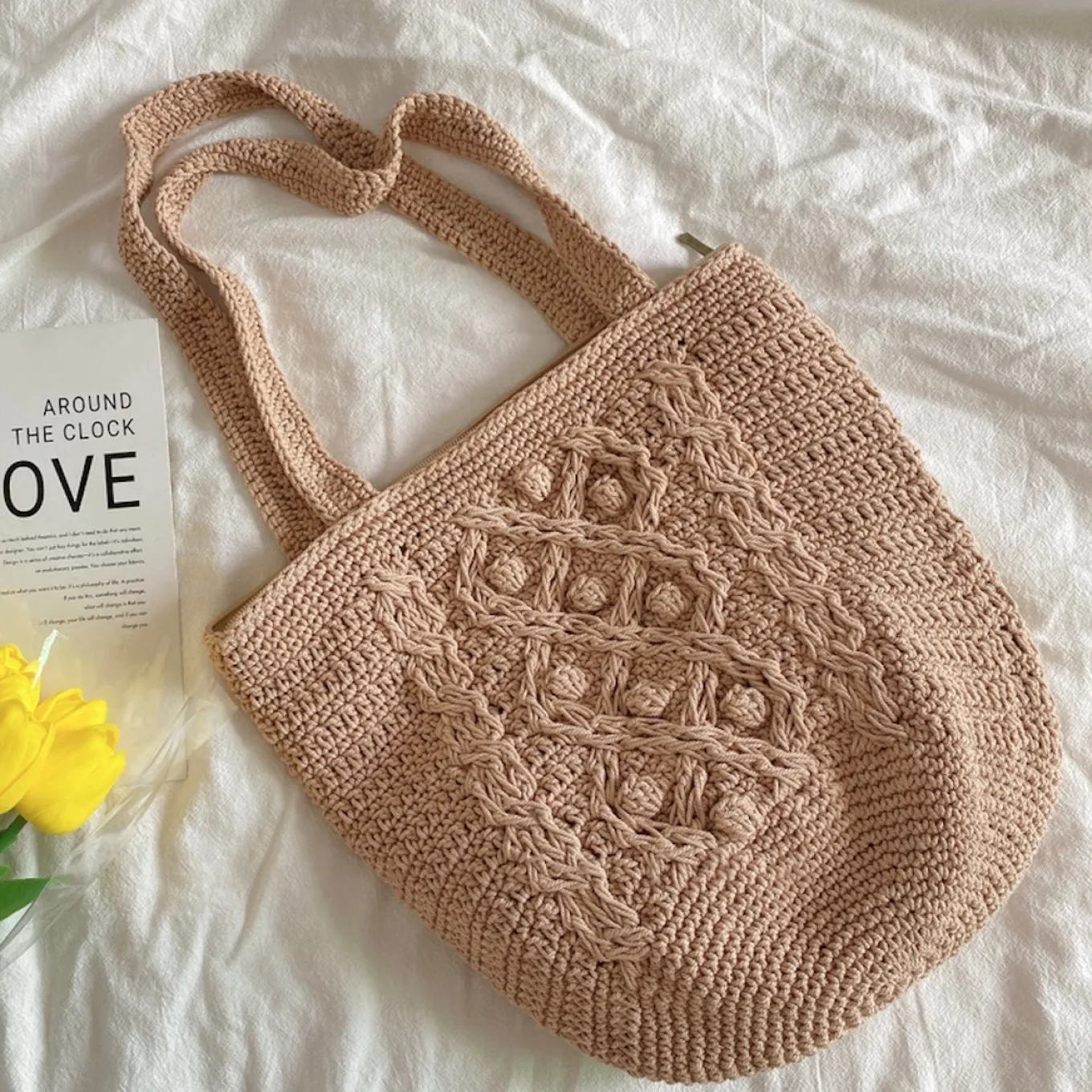 Elena Handbags Handmade Cotton Knitted Shoulder Bucket Bag