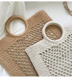 Elena Handbags Handmade Crochet Large Cotton Knitted Top Handle Bag with Fishnet Design