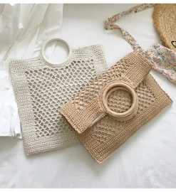 Elena Handbags Handmade Crochet Large Cotton Knitted Top Handle Bag with Fishnet Design