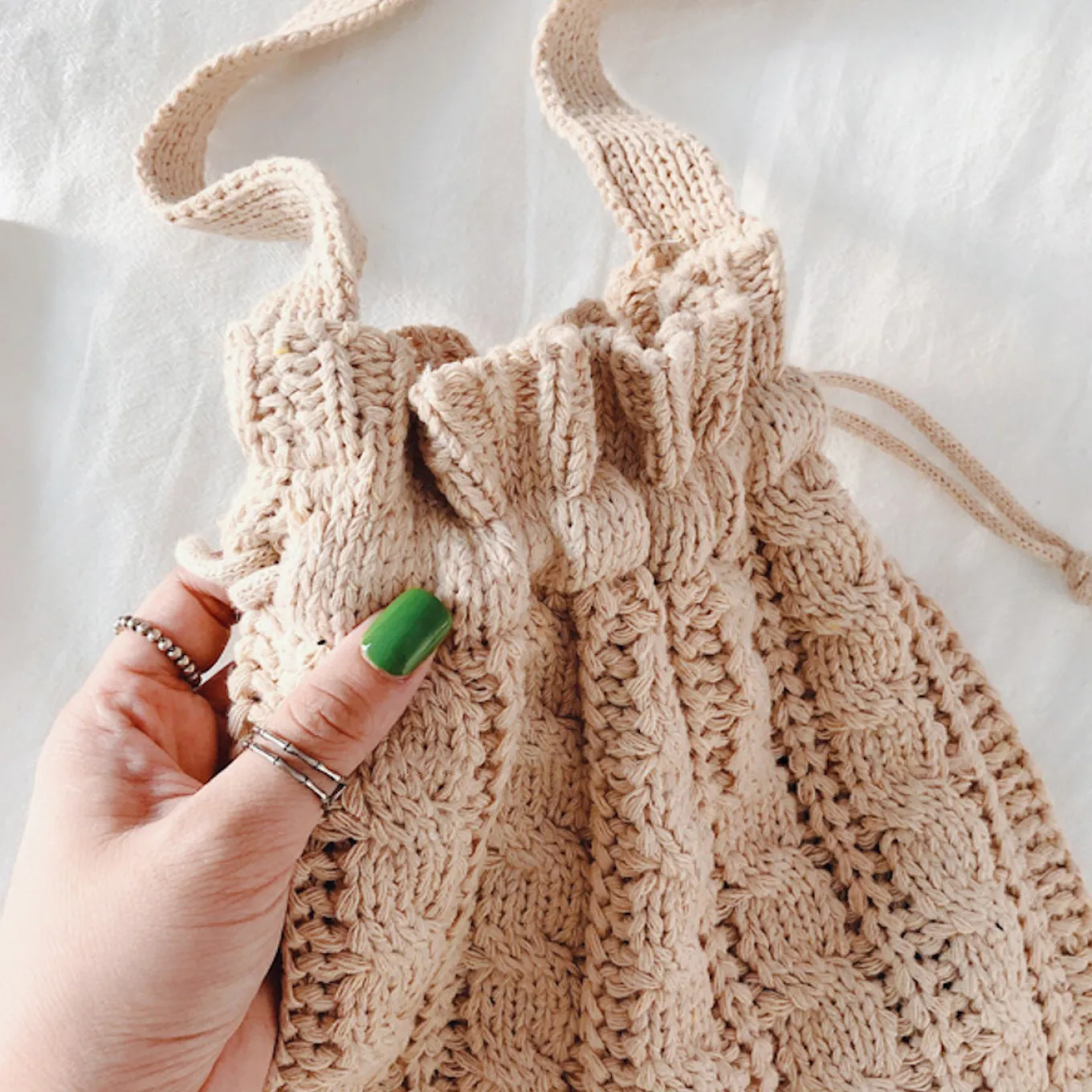 Elena Handbags Handmade Cotton Knitted Drawstring Bag
