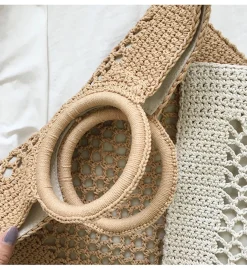 Elena Handbags Handmade Crochet Large Cotton Knitted Top Handle Bag with Fishnet Design