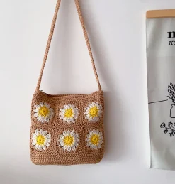 Elena Handbags Handmade Crochet Floral Square Shoulder Bag